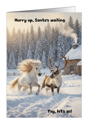 Christmas Card Horse and Reindeer - Hurry Up Santa's Waiting