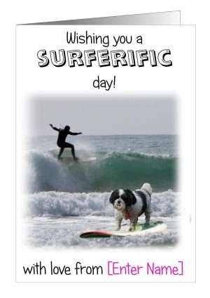 Dog surfing birthday card